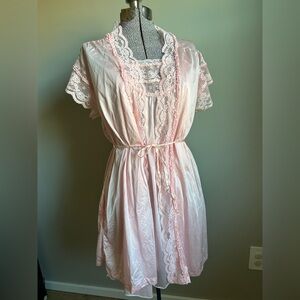 Vintage light Pink ruffle Lace Trimmed satin slip nighty and Robe set sleepwear
